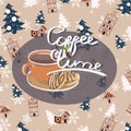 Holiday pattern card with inscription `Coffee time` on the beige gingerbread background